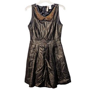 Alice Moon Womens Sleeveless‎ Bead Embellished Metallic Skater Dress Bronze Med